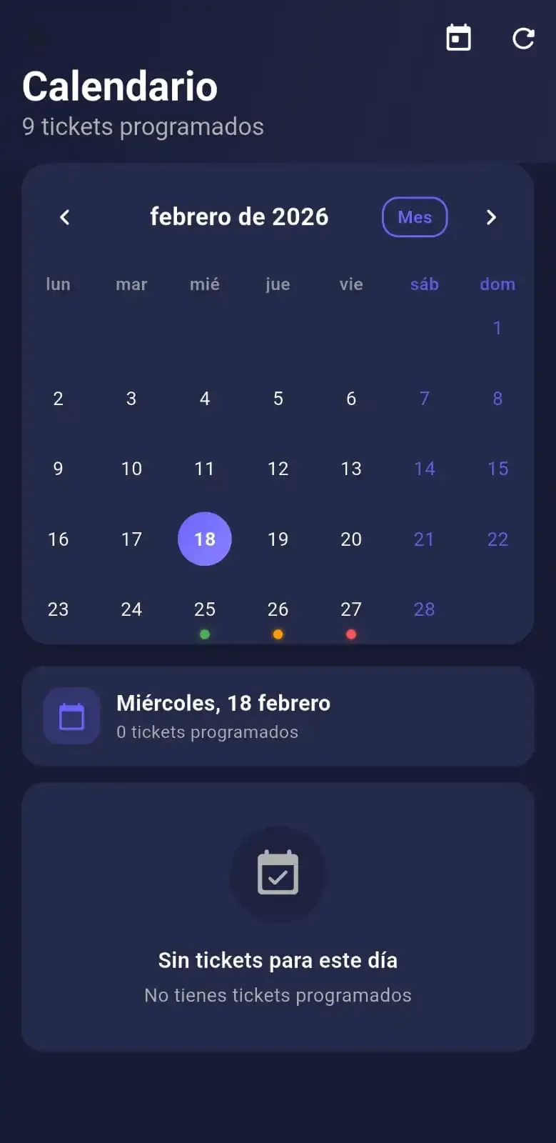 Pantalla de calendario en la app C-Network