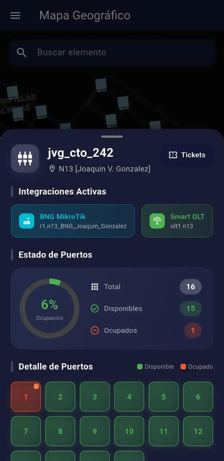 Pantalla de mapa geográfico en la app C-Network