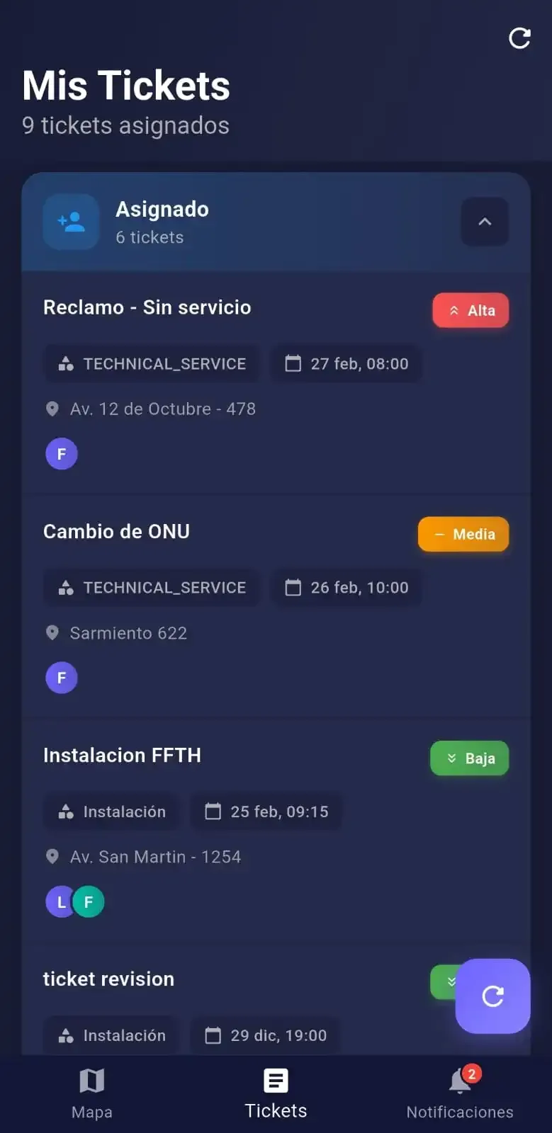 Pantalla de tickets en la app C-Network